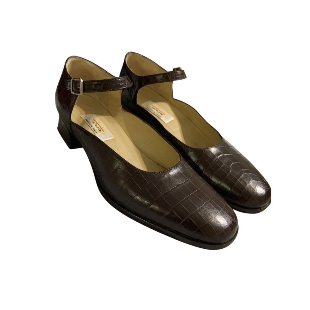 Women's TALBOTS Brown Croc Embossed Leather Square Toe And Low Block Heel 6.5 M